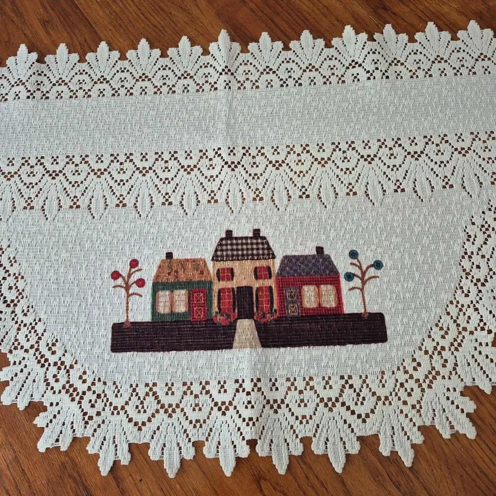 VTG Cream Cottage Core Little House Embroidered Long Buffet Runner 87 x 20 IN